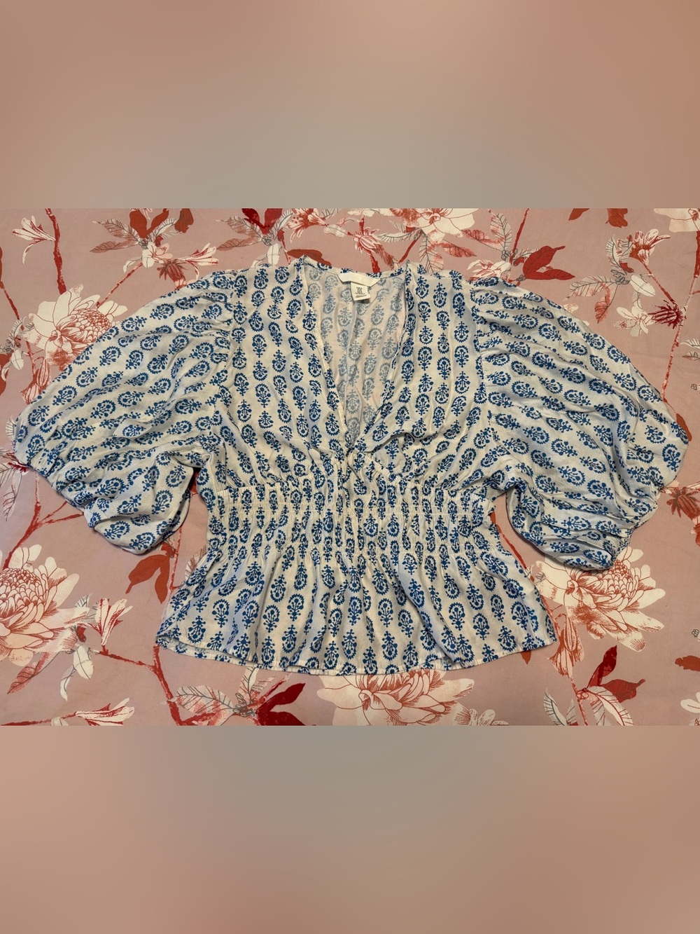 H&M Blue and White Smocked Peasant Blouse